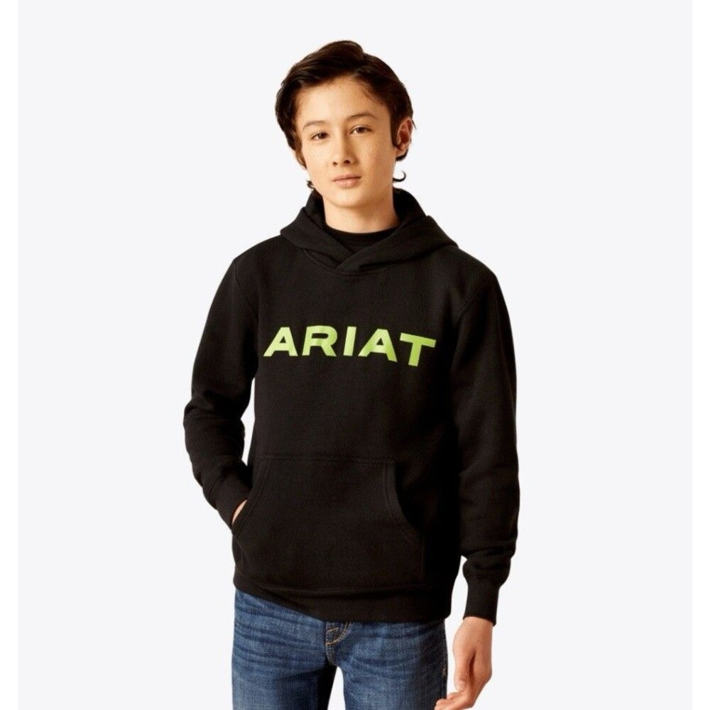 Ariat Boys Pullover Hoodie Black Neon Green Logo Graphic Size S 8 Western Casual